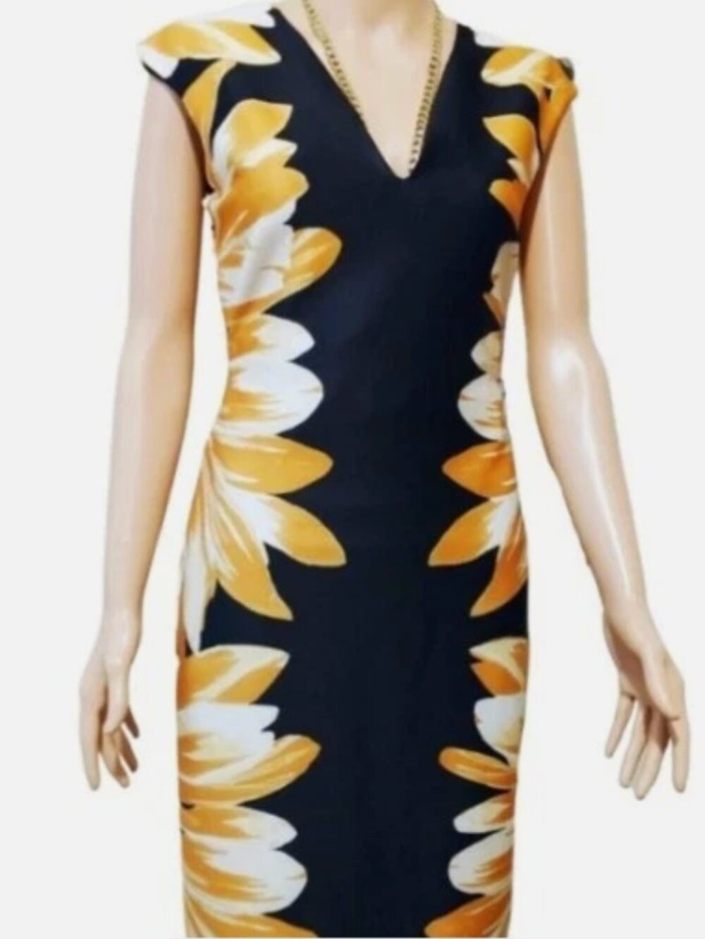 New York & Company Stretch Sleeveless Black and gold floral midi dress, Size XL